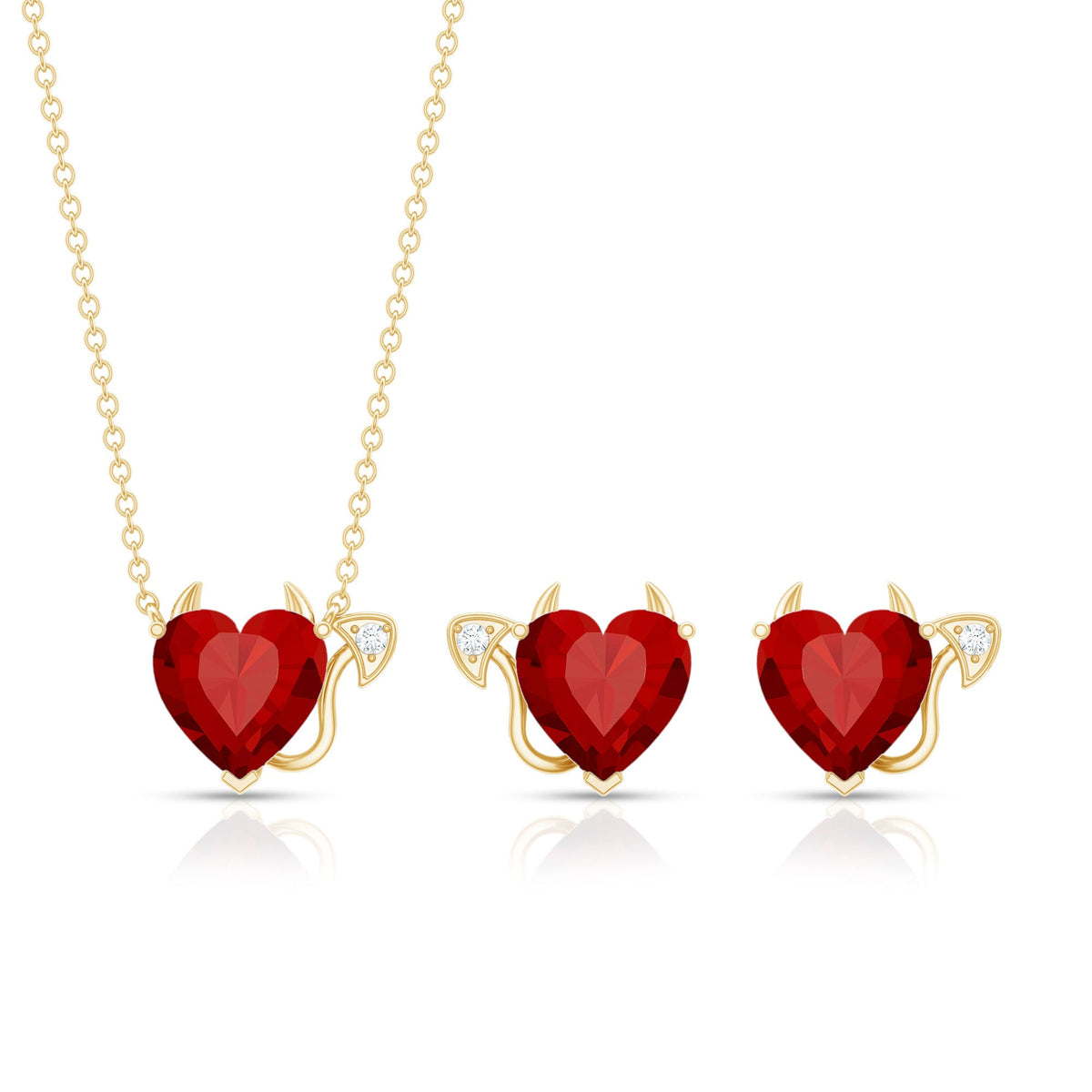 Lab grown ruby heart necklace and earrings jewelry set with diamonds by Rosec Jewels, featuring vibrant red gemstones and sparkling accents.