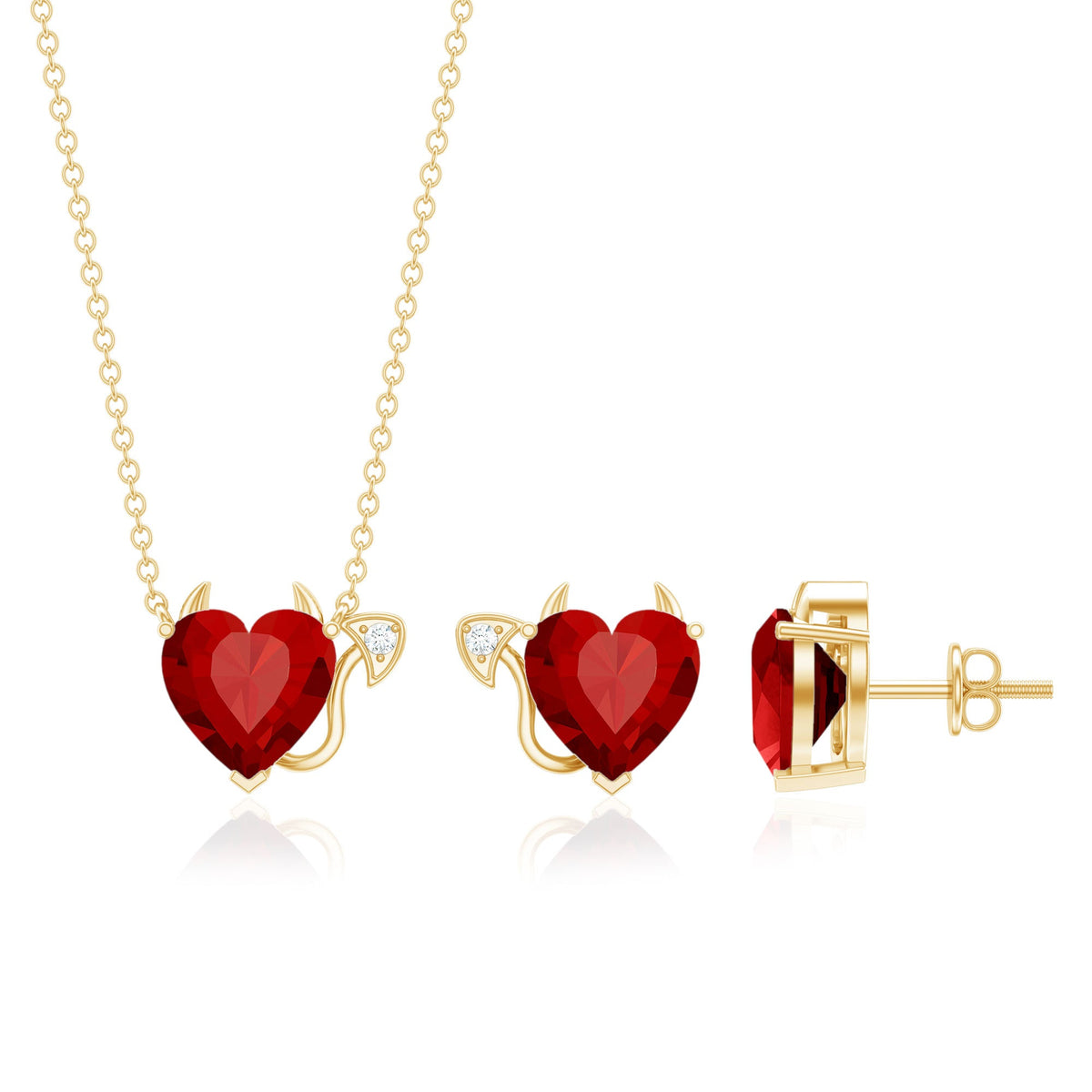 Lab grown ruby heart necklace and earrings set with diamonds from Rosec Jewels, showcasing elegant red rubies and sparkling accents.