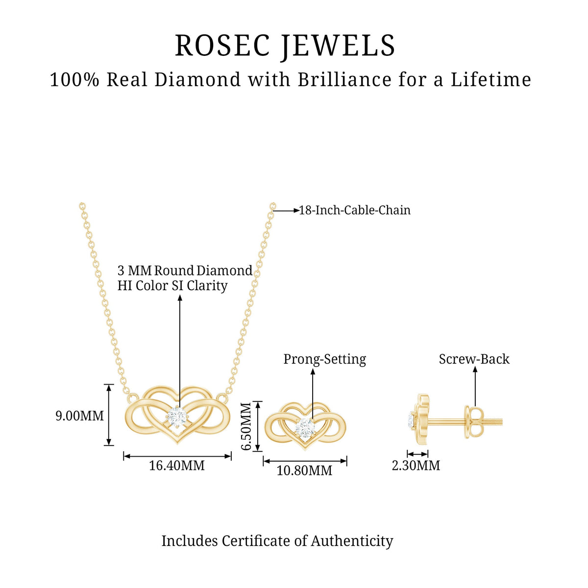 Round cut diamond infinity heart jewelry set by Rosec Jewels featuring sparkling diamond accents and elegant design.