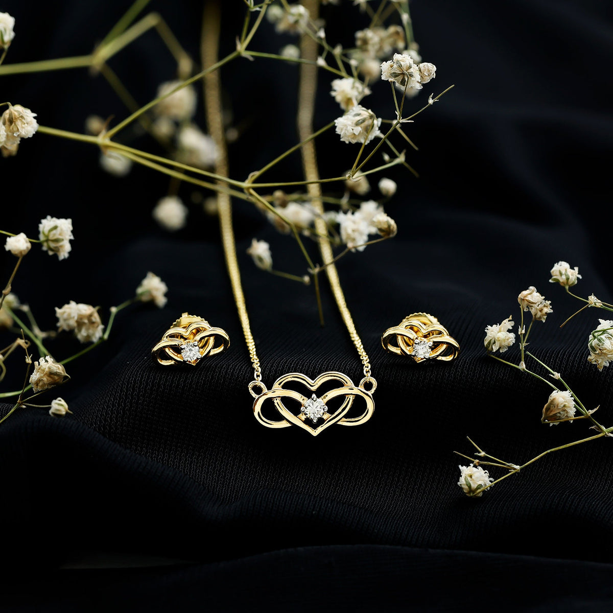 Round cut diamond infinity heart jewelry set by Rosec Jewels featuring sparkling diamond accents and elegant design.