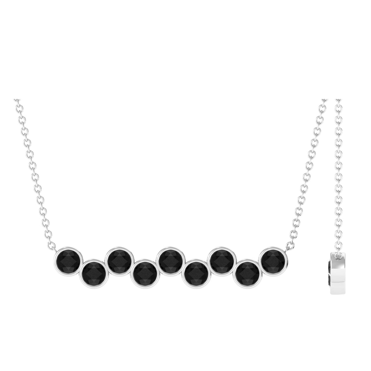 Black Onyx bar pendant necklace in bezel setting by Rosec Jewels, featuring nine polished black stones on a sleek chain.