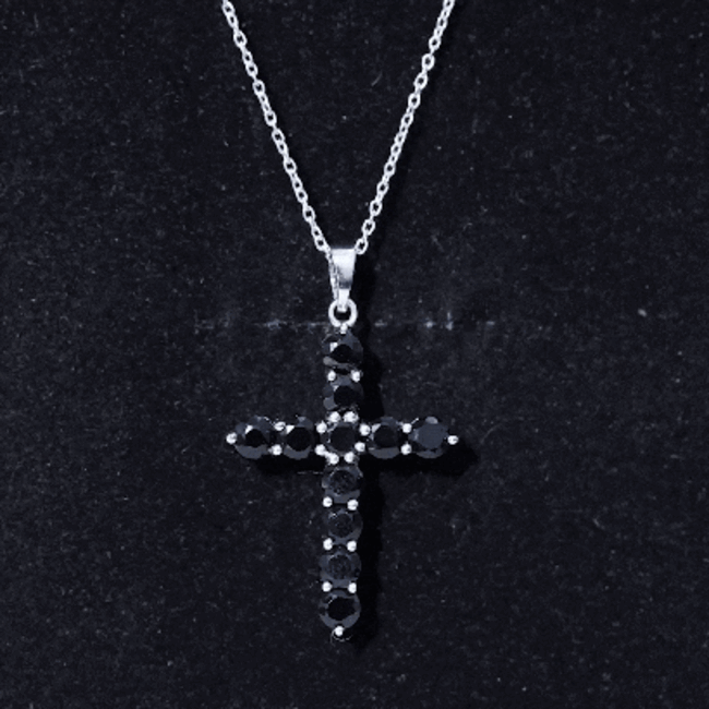 Black onyx cross pendant necklace for women by Rosec Jewels, featuring a polished natural black onyx stone and silver-tone chain.