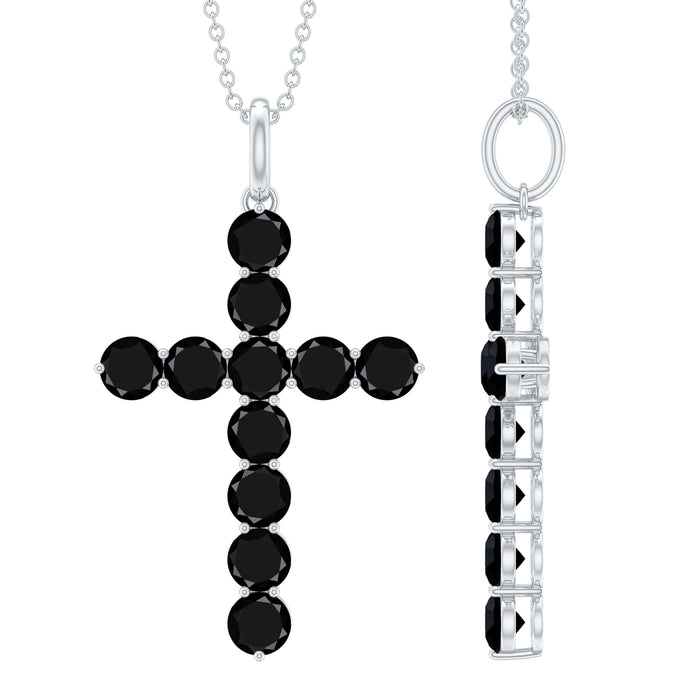 Black onyx cross pendant necklace with silver chain, featuring a polished real onyx stone and intricate design, by Rosec Jewels.