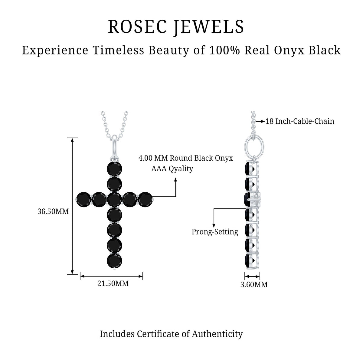 Natural black onyx cross pendant necklace for women, showcasing a elegant pendant from Rosec Jewels.