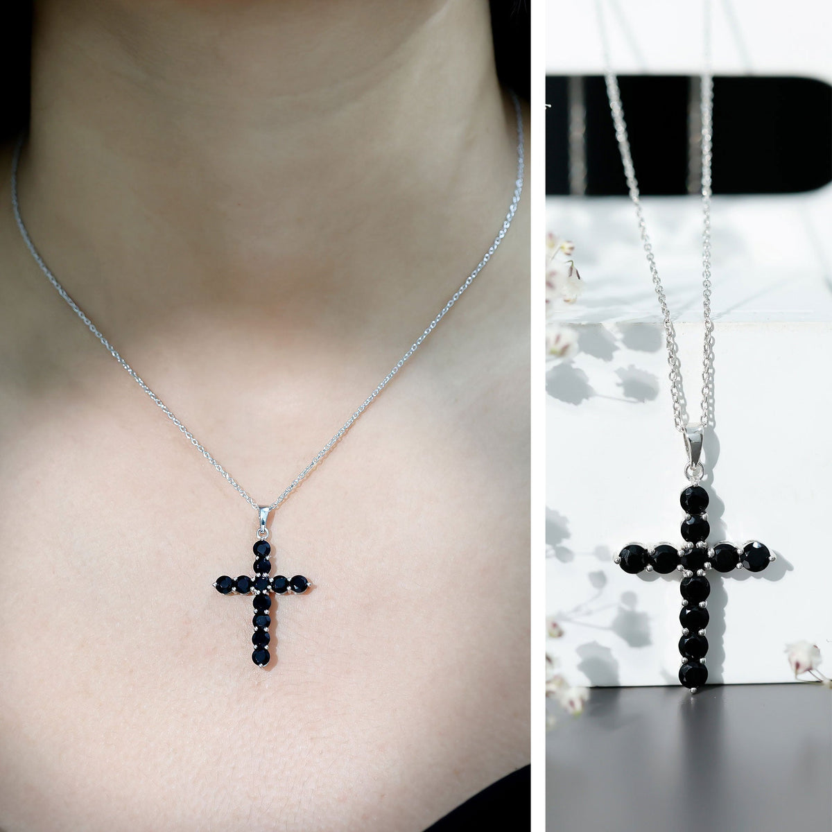 Natural black onyx cross pendant necklace for women, featuring a polished black onyx stone from Rosec Jewels.