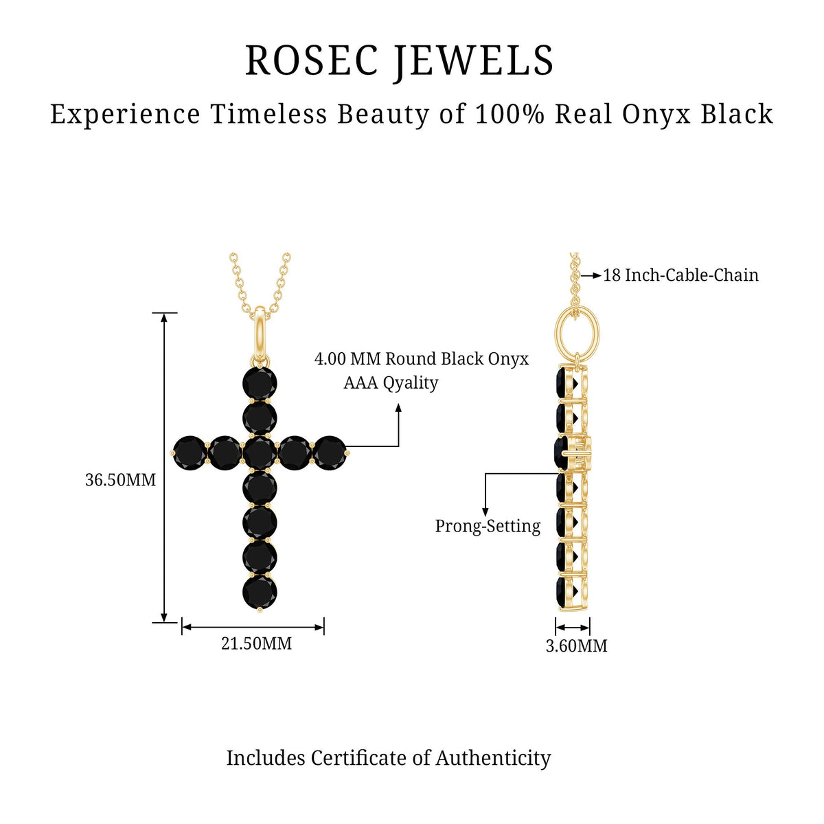Natural black onyx cross pendant necklace for women from Rosec Jewels, showcasing a sleek black onyx cross pendant.