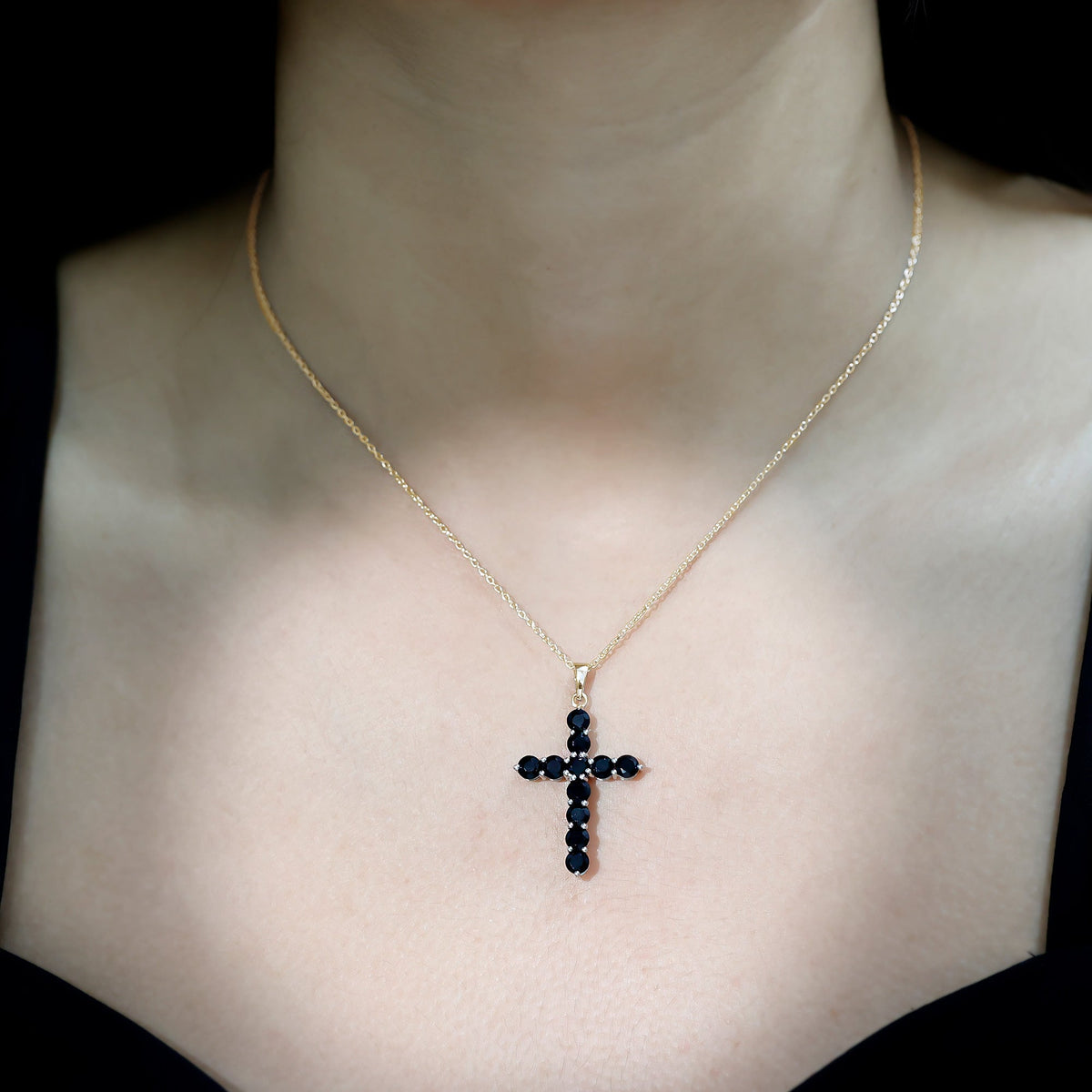 Natural black onyx cross pendant necklace for women with silver chain, featuring a polished black onyx cross from Rosec Jewels.