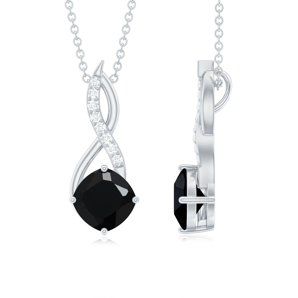 Cushion Cut Black Onyx Solitaire Infinity Necklace with Lab Diamond