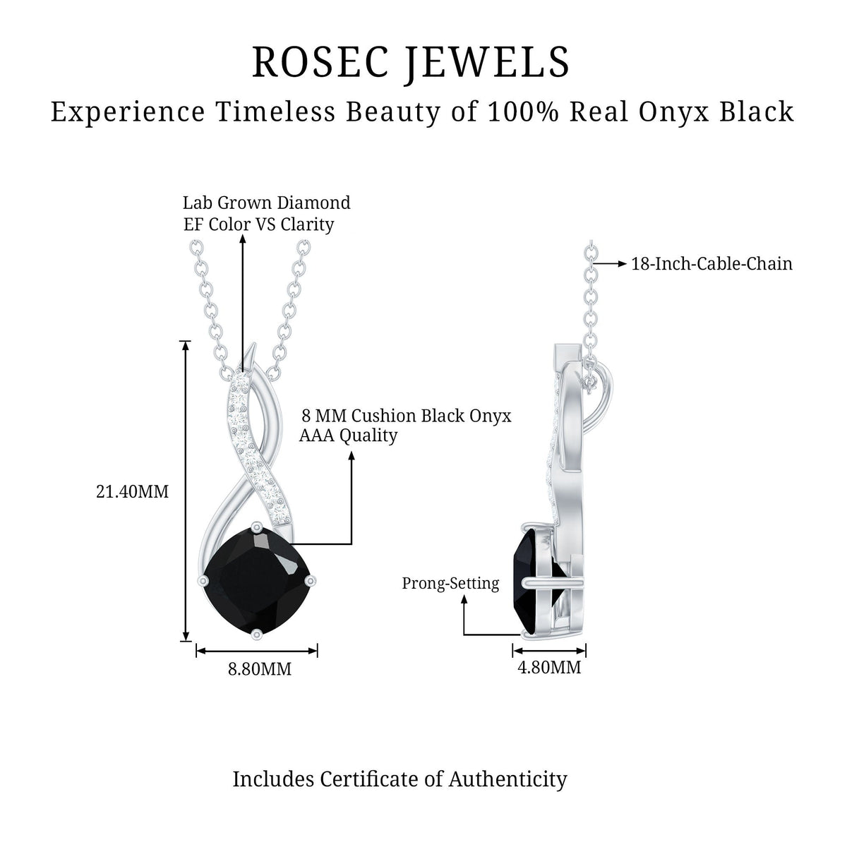 Cushion Cut Black Onyx Solitaire Infinity Necklace with Lab Diamond