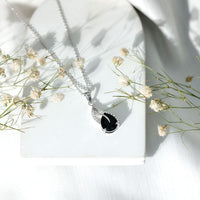 Pear Shaped Black Onyx and Diamond Leaf Pendant Necklace