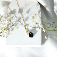 Pear Shaped Black Onyx and Diamond Leaf Pendant Necklace