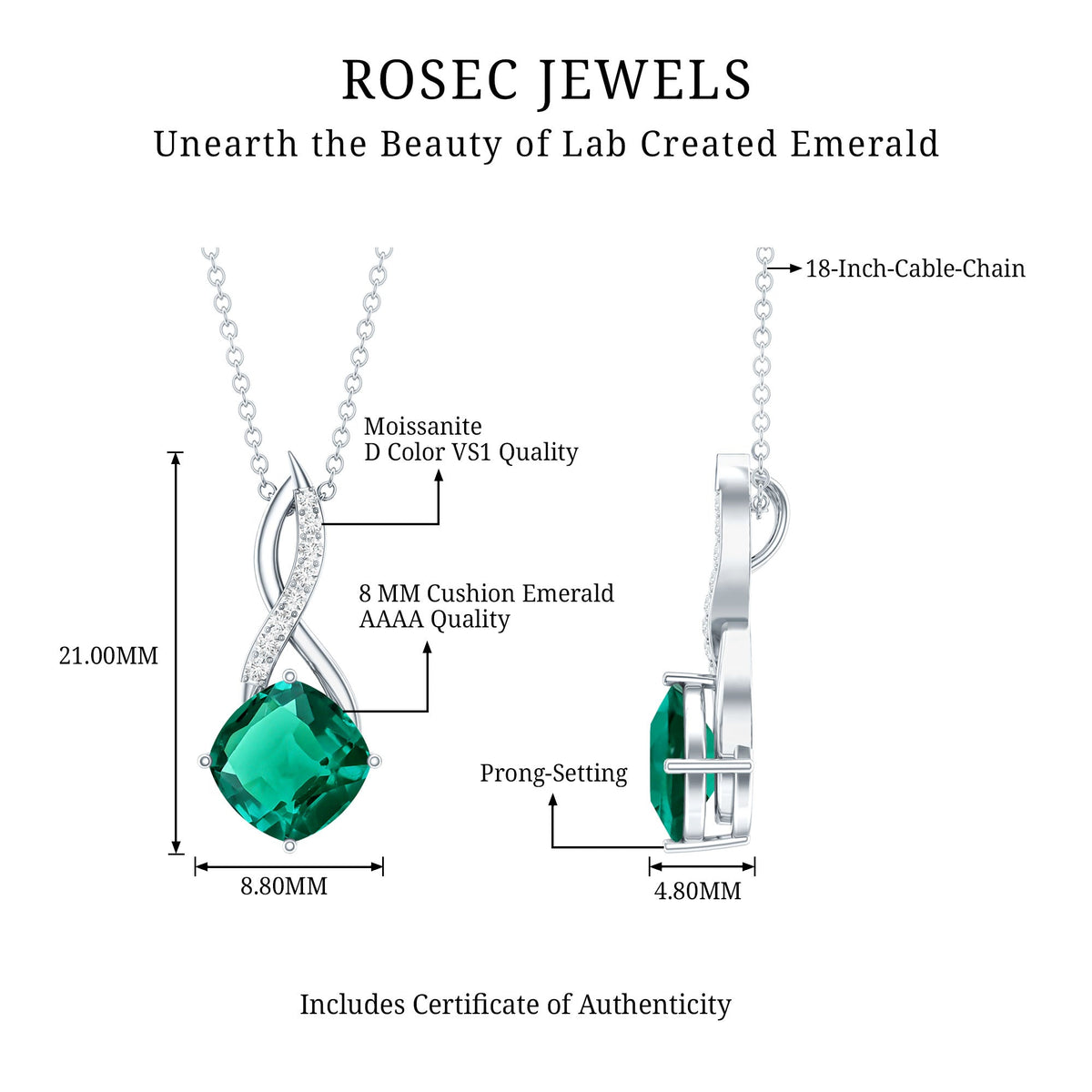 Cushion Cut 8MM Lab Created Emerald Infinity Necklace with Moissanite