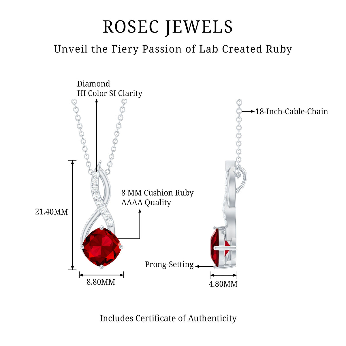 Cushion cut created ruby solitaire infinity pendant with diamond accents from Rosec Jewels, showcasing a stunning ruby and diamond pendant.