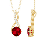 Cushion cut created ruby solitaire infinity pendant with diamond accents, elegant jewelry piece by Rosec Jewels.