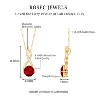 Cushion cut created ruby solitaire infinity pendant with diamond accents, elegant jewelry piece by Rosec Jewels.