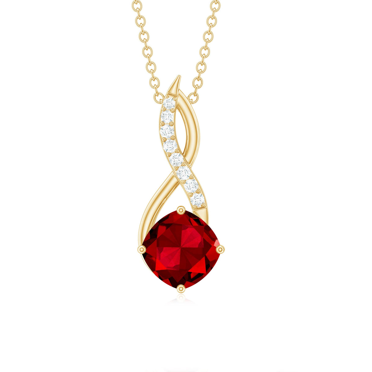Cushion cut created ruby solitaire infinity pendant with diamond accents, rose gold jewelry from Rosec Jewels.