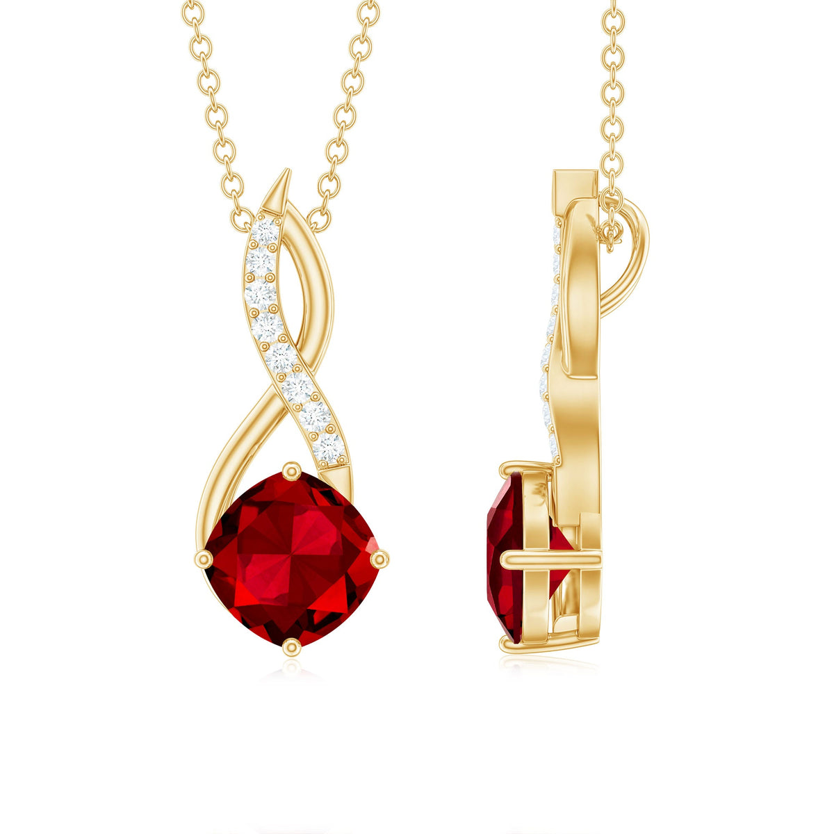 Cushion cut created ruby solitaire pendant with diamond accent from Rosec Jewels, showcasing a elegant jewelry pendant.