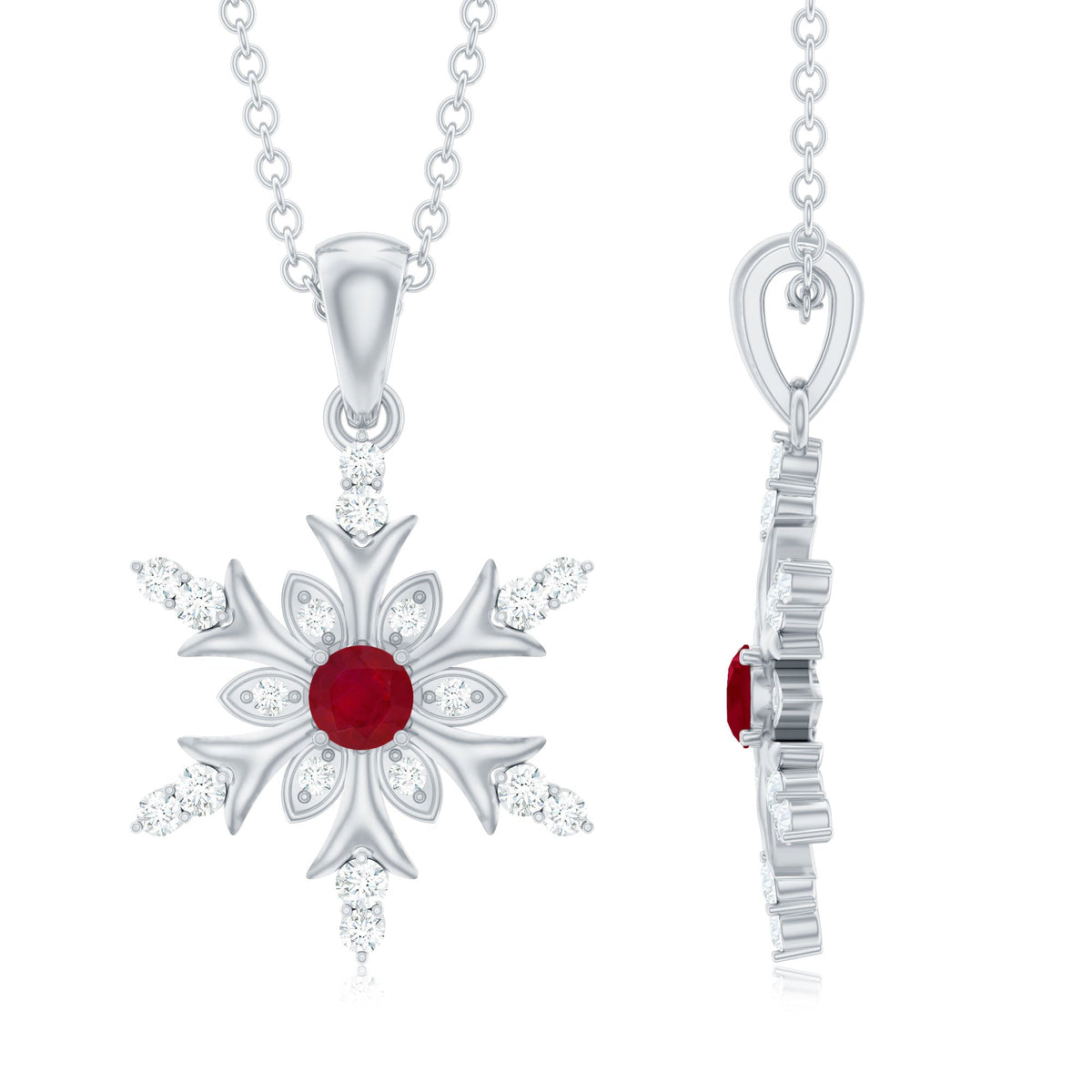 Natural Ruby and Diamond Snowflake Pendant Necklace