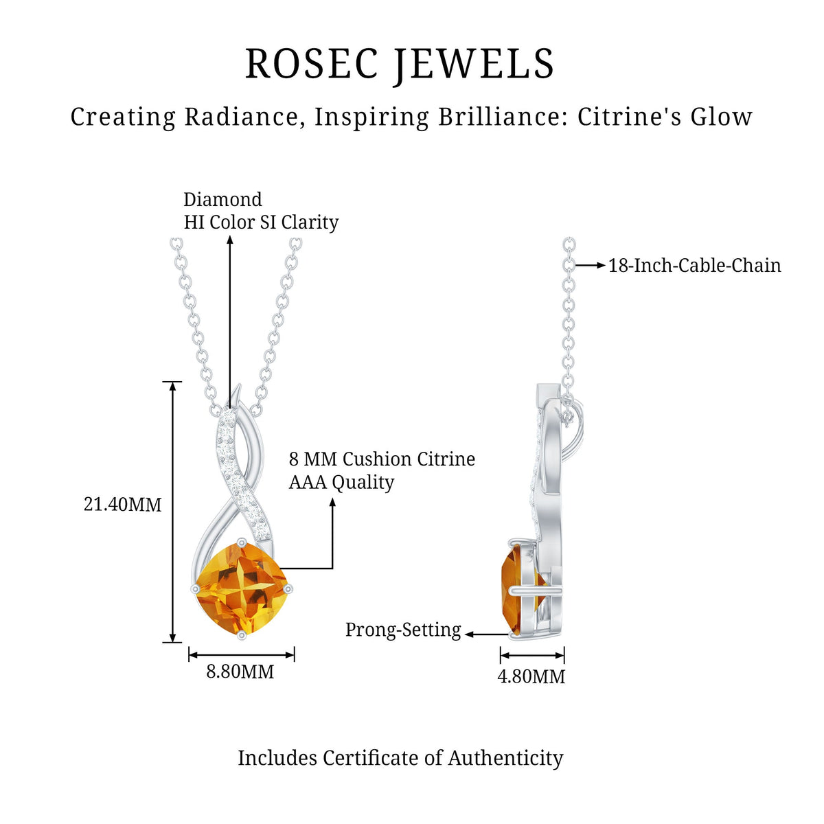 Natural 2.23-carat cushion cut citrine infinity pendant necklace with diamond accents from Rosec Jewels.