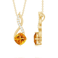 Natural 2.23 carat cushion cut citrine infinity pendant necklace with diamond from Rosec Jewels, showing the pendant on a chain.