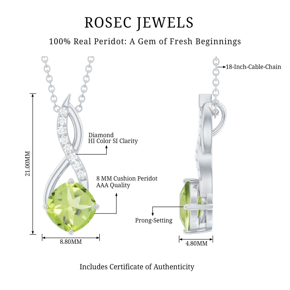2 Carat Cushion Cut Peridot and Diamond Infinity Necklace