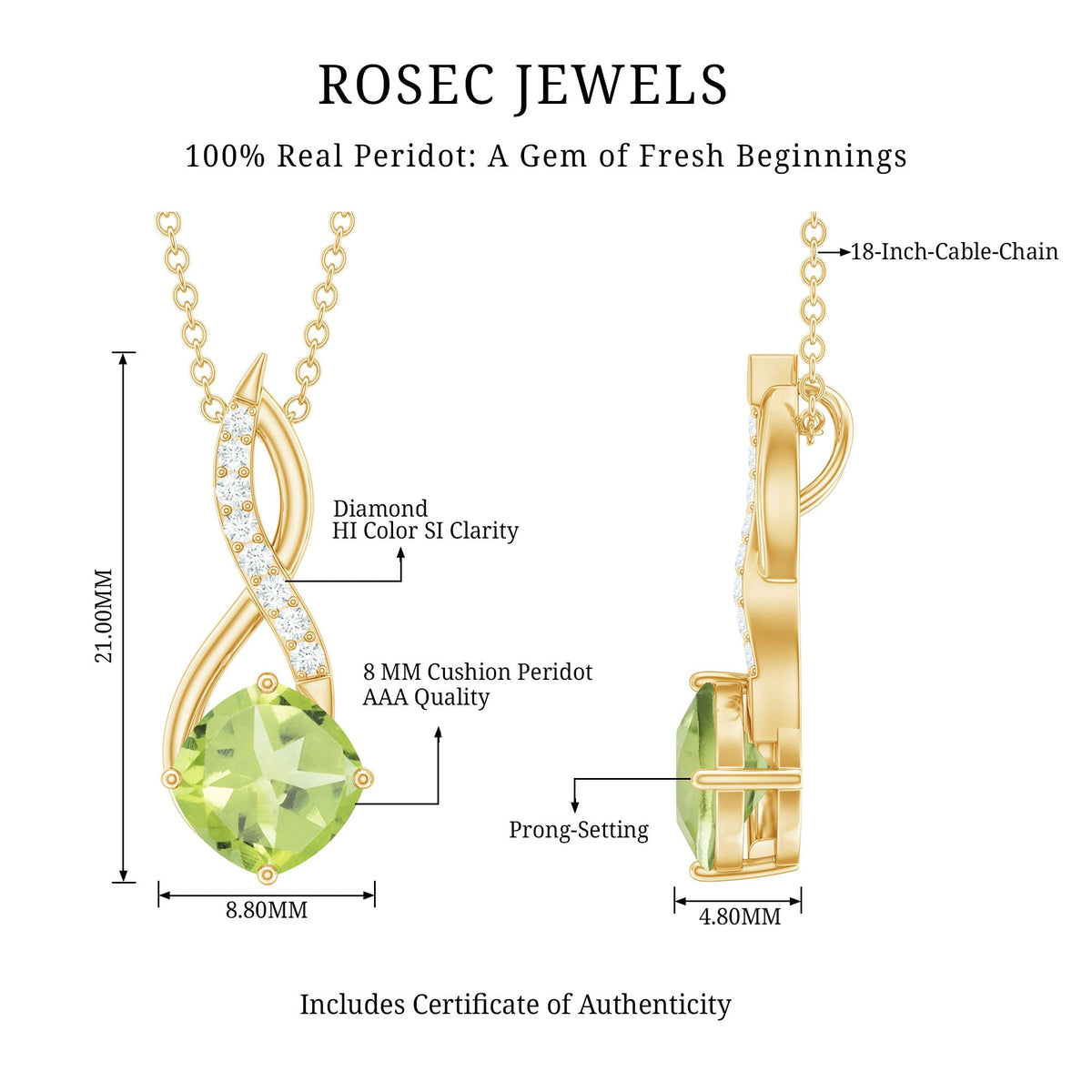 2 Carat Cushion Cut Peridot and Diamond Infinity Necklace