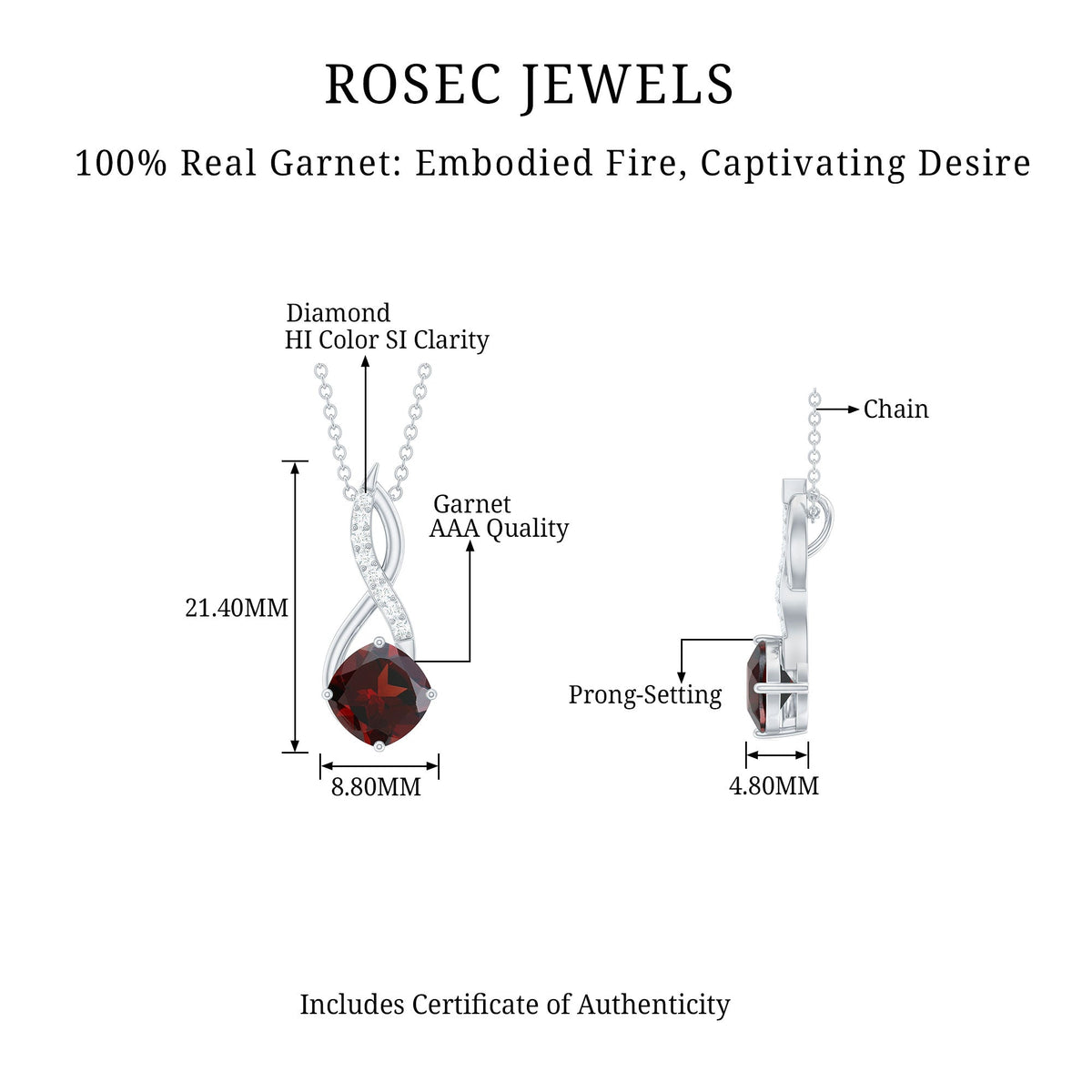 Cushion-cut 3.2 carat garnet pendant with diamond accents on a silver chain from Rosec Jewels, elegant jewelry display.