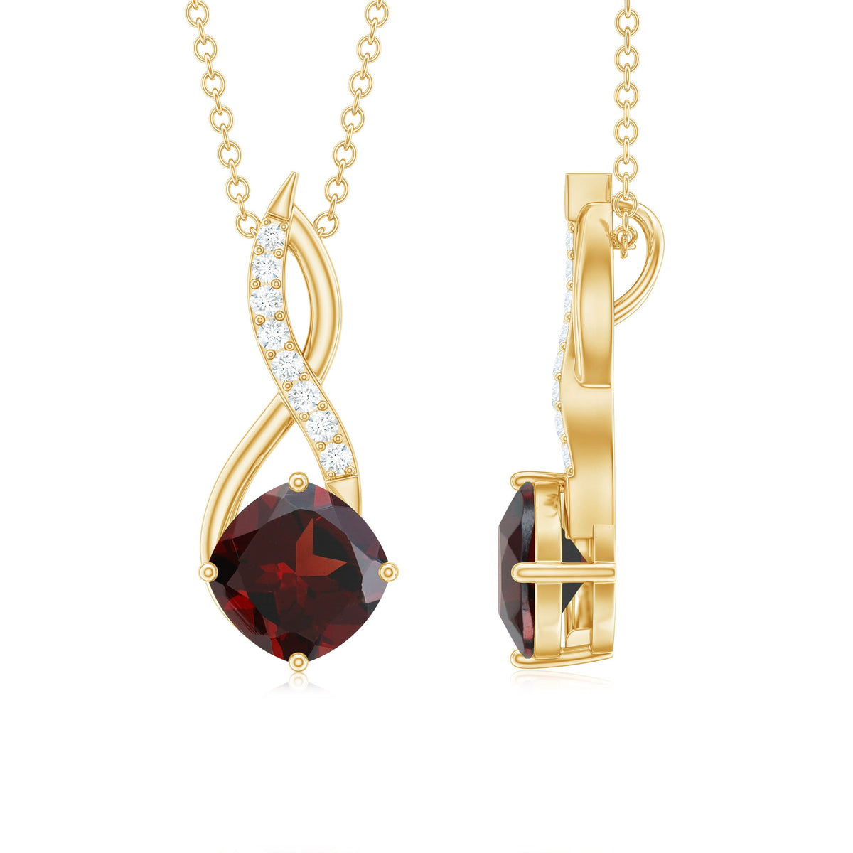 Cushion-cut 3.2 carat garnet pendant with diamond accents, elegant drop infinity necklace by Rosec Jewels.
