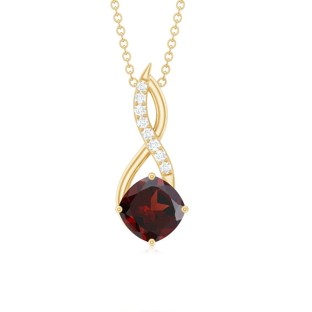 Cushion garnet drop pendant necklace with diamond accents, elegant jewelry piece by Rosec Jewels, showcasing a vibrant red gemstone.