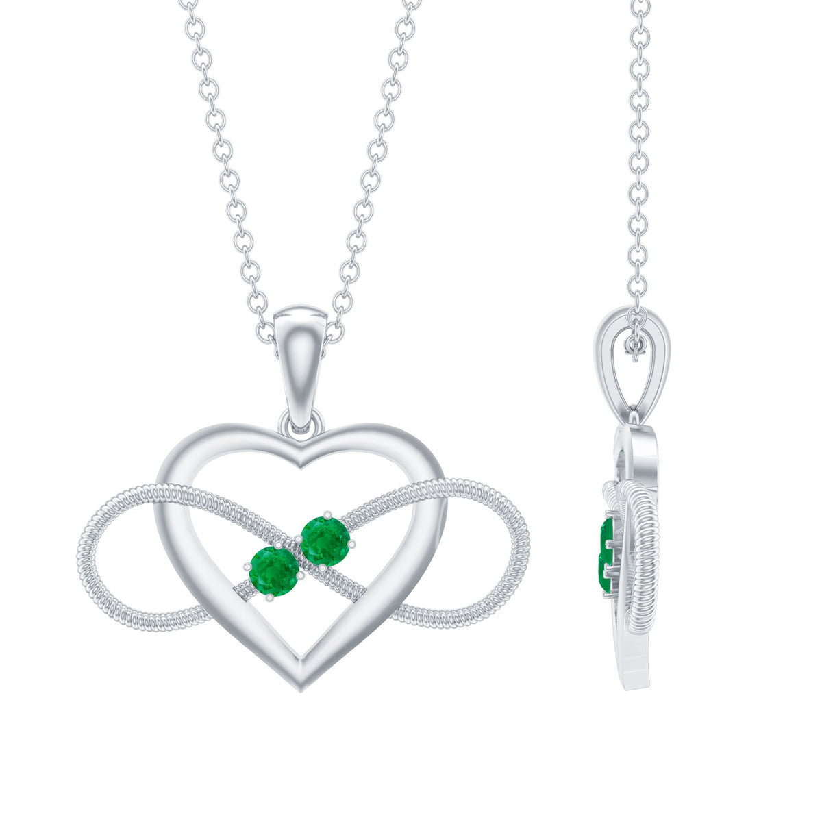 Heart infinity pendant necklace with a real emerald from Rosec Jewels, featuring a delicate silver chain and detailed heart design.