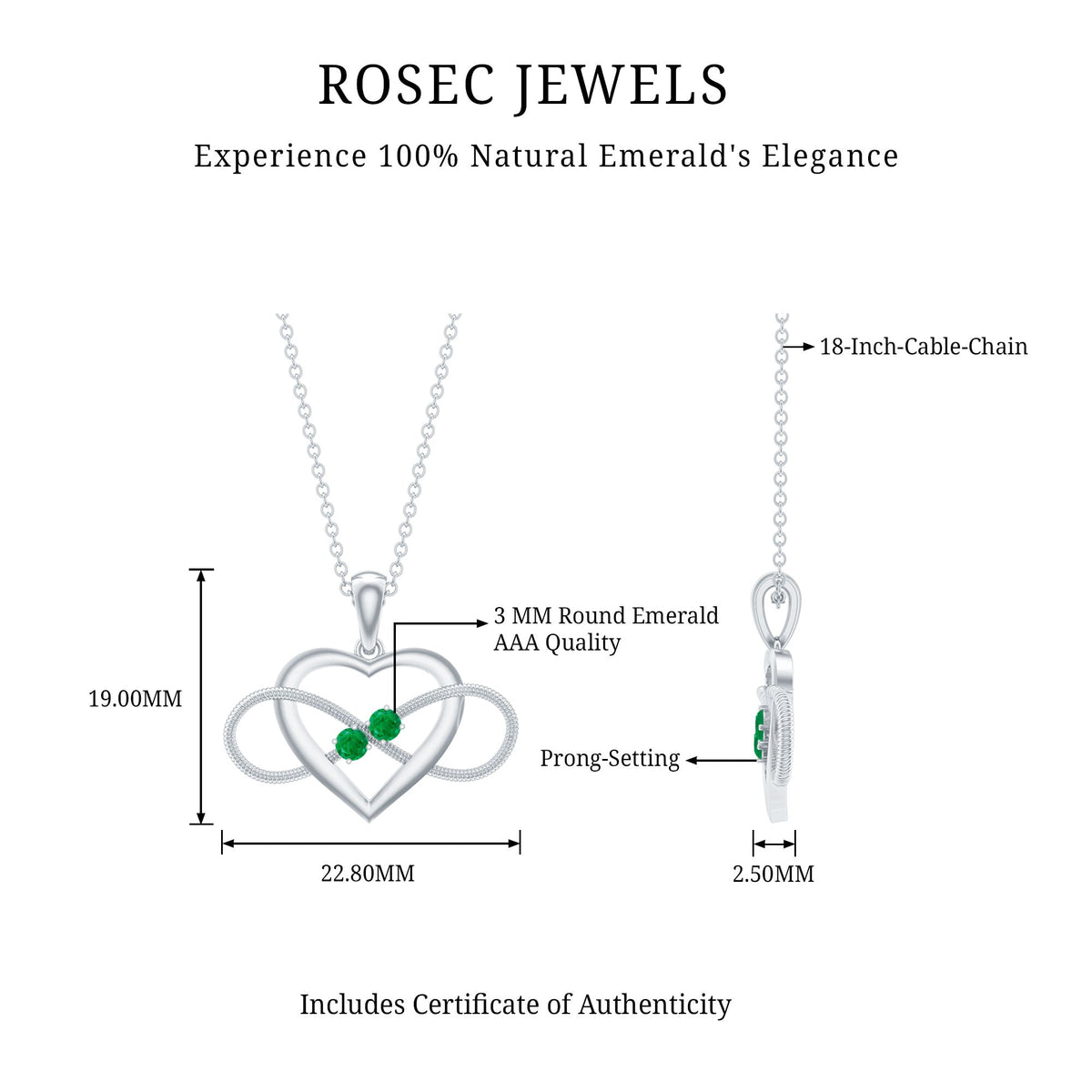 Heart infinity pendant necklace by Rosec Jewels featuring a real emerald gemstone on a delicate chain.