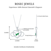Heart infinity pendant necklace by Rosec Jewels featuring a real emerald gemstone on a delicate chain.
