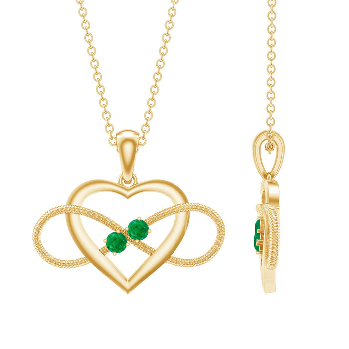 Heart infinity pendant necklace by Rosec Jewels featuring a real emerald gemstone, elegant jewelry with intricate design.