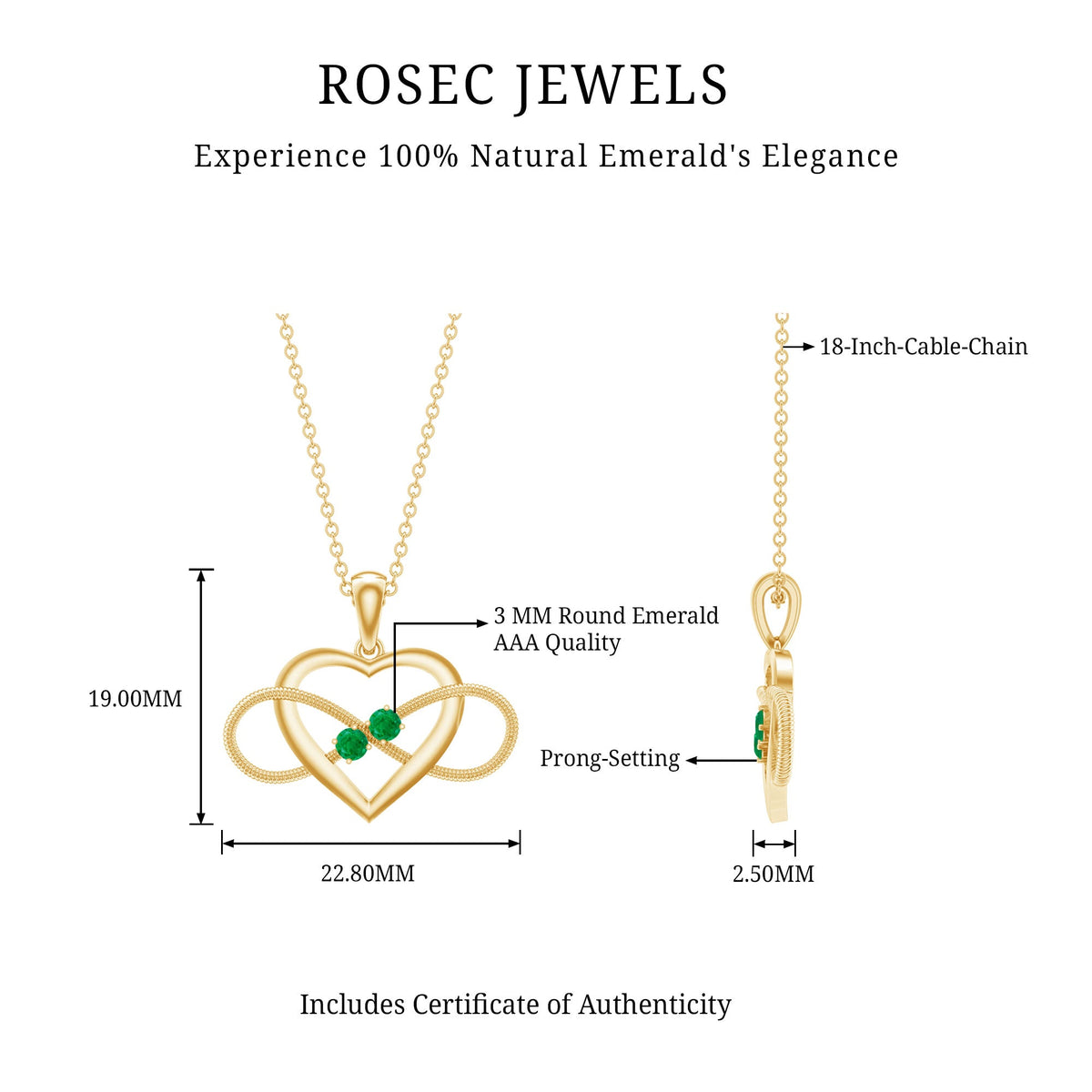 Heart infinity pendant necklace with real emerald by Rosec Jewels, featuring a delicate silver chain and sparkling green gemstone.