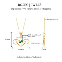 Heart infinity pendant necklace with real emerald by Rosec Jewels, featuring a delicate silver chain and sparkling green gemstone.