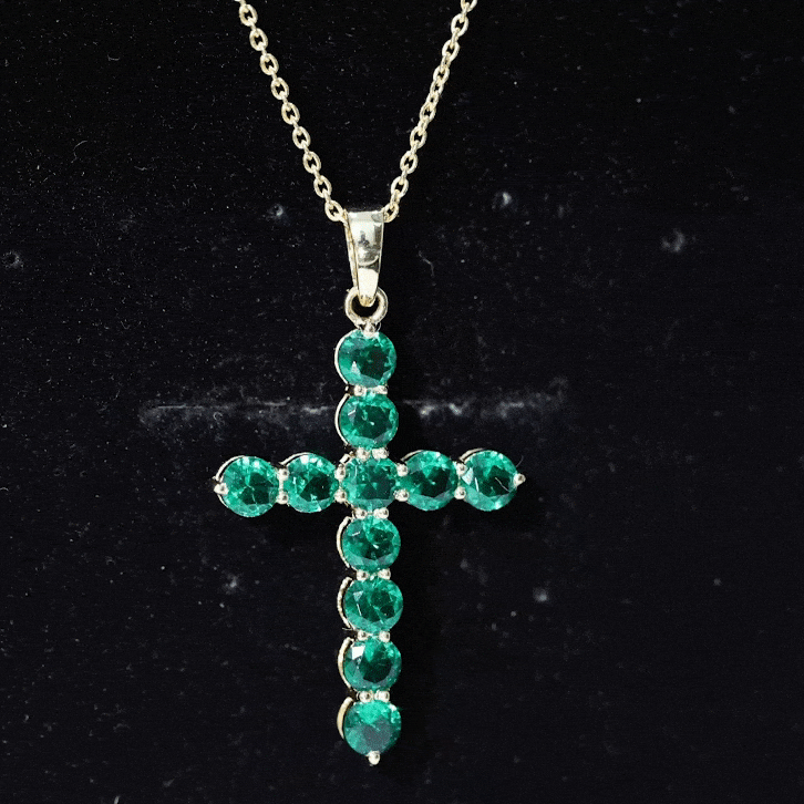 Yellow gold Christian cross pendant with lab-grown emerald, Rosec Jewels pendant with chain, elegant religious jewelry accessory
