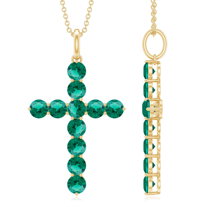 Lab grown emerald Christian cross pendant with chain by Rosec Jewels, featuring vibrant green emerald stones and silver setting.