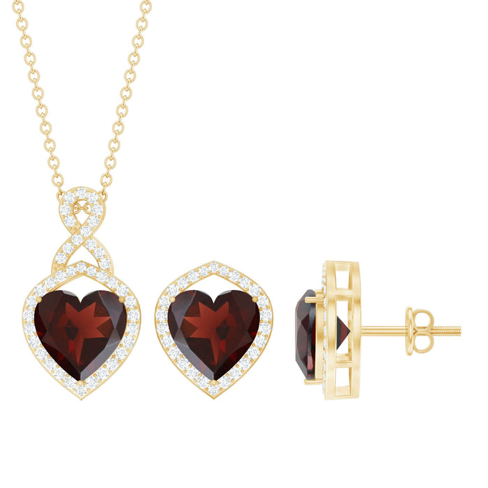 Real garnet and diamond infinity heart jewelry set by Rosec Jewels, featuring a necklace and earrings with sparkling gemstones.