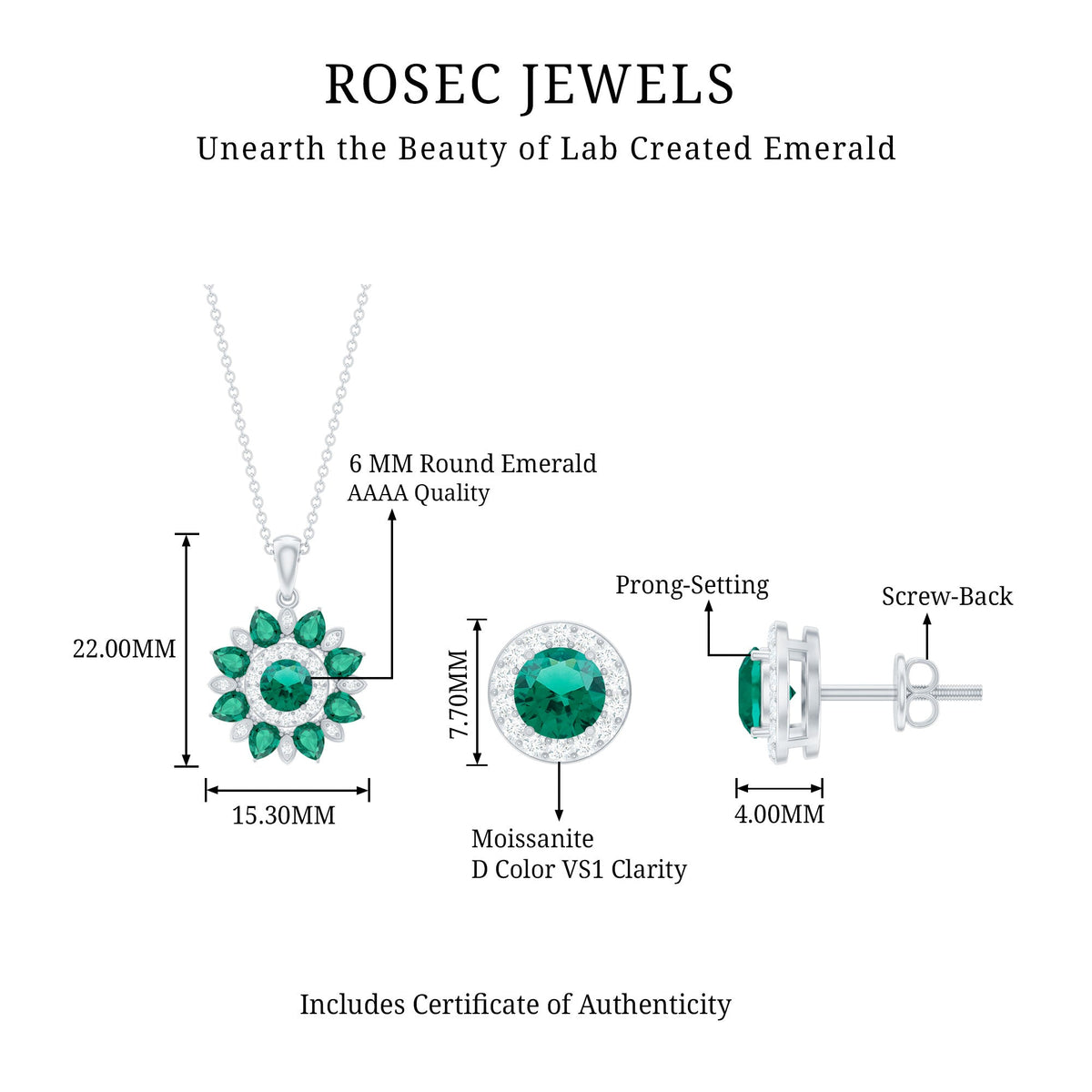 Certified Lab Created Emerald and Diamond Flower Jewelry Set