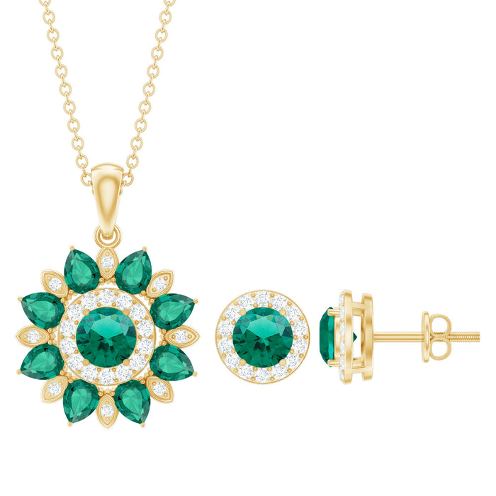 Certified lab-created emerald and diamond flower jewelry set featuring a necklace and earrings from Rosec Jewels.