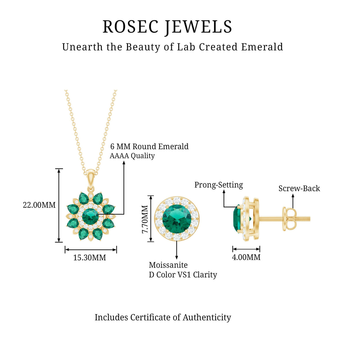 Certified Lab Created Emerald and Diamond Flower Jewelry Set