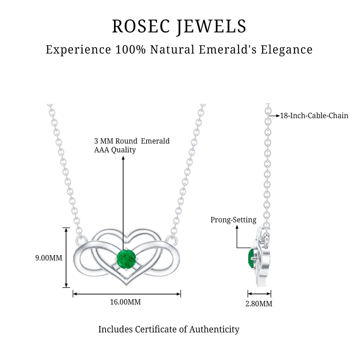 Emerald heart and infinity pendant necklace for women by Rosec Jewels, featuring a silver chain with green gemstone accents.