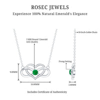 Emerald heart and infinity pendant necklace for women by Rosec Jewels, featuring a silver chain with green gemstone accents.