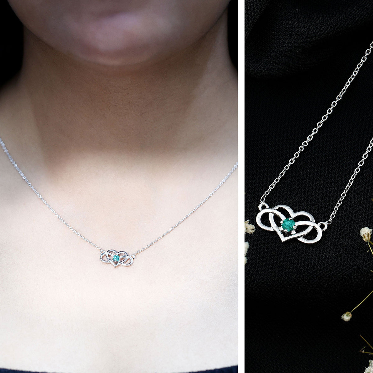 Emerald heart and infinity pendant necklace for women by Rosec Jewels, featuring a delicate chain with emerald accents.