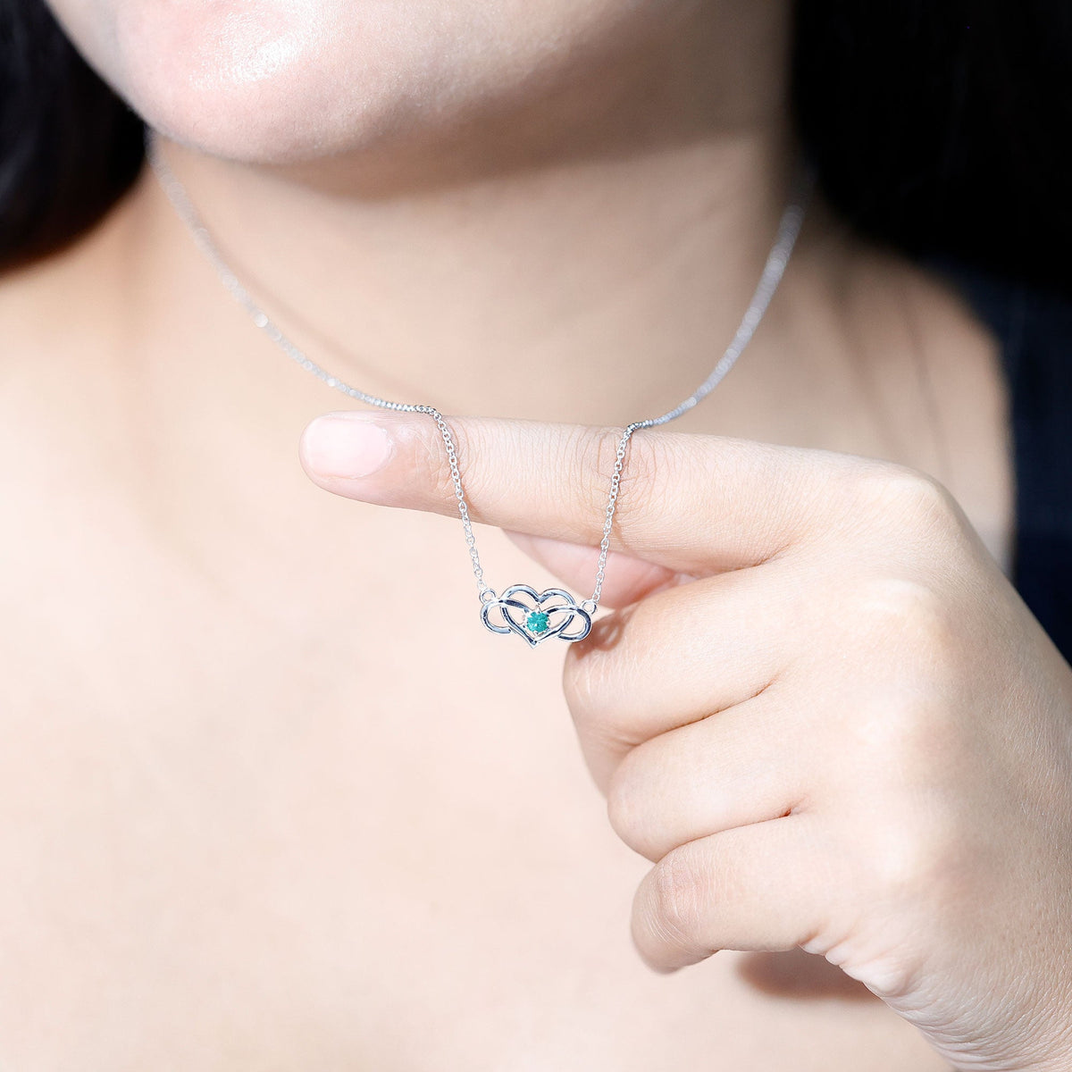 Emerald heart and infinity pendant necklace for women by Rosec Jewels, featuring a delicate chain and elegant design.