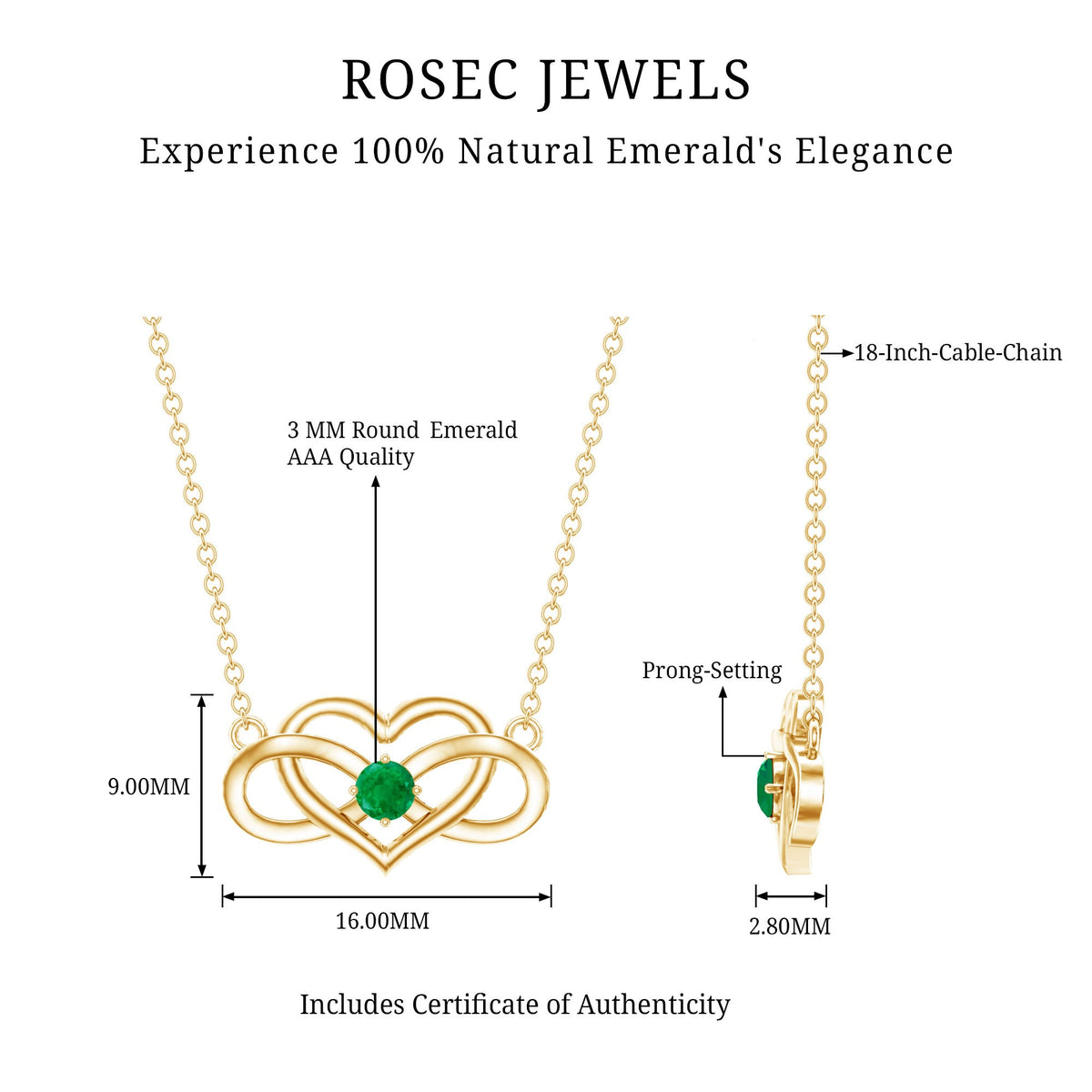 Emerald heart and infinity pendant necklace for women by Rosec Jewels, featuring a delicate chain and elegant design.