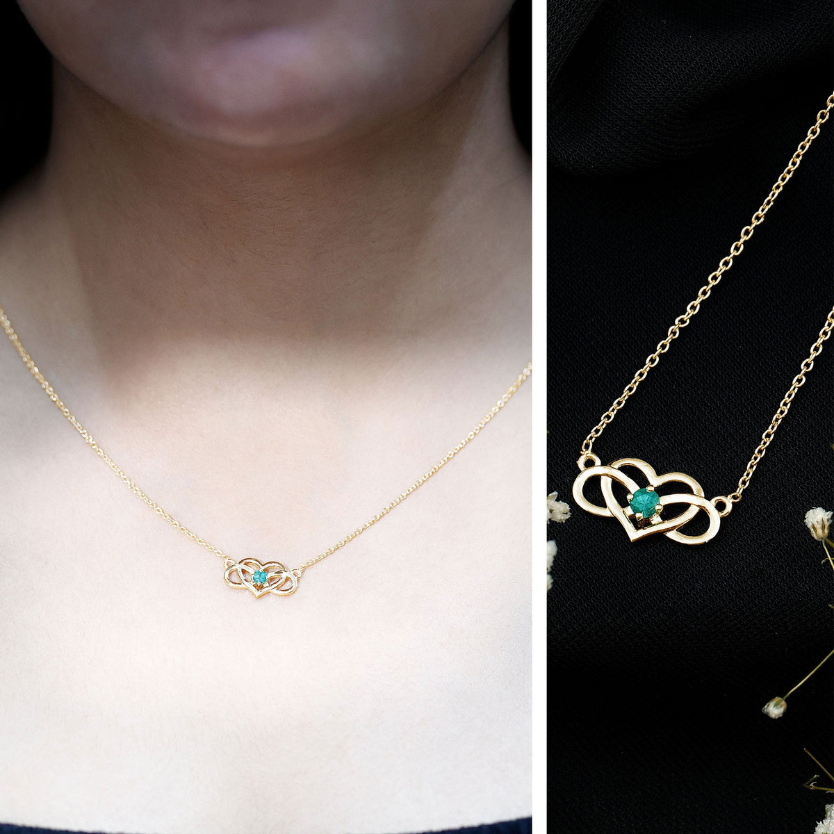 Emerald heart and infinity pendant necklace for women by Rosec Jewels, featuring a delicate chain and sparkling green gemstone charm.