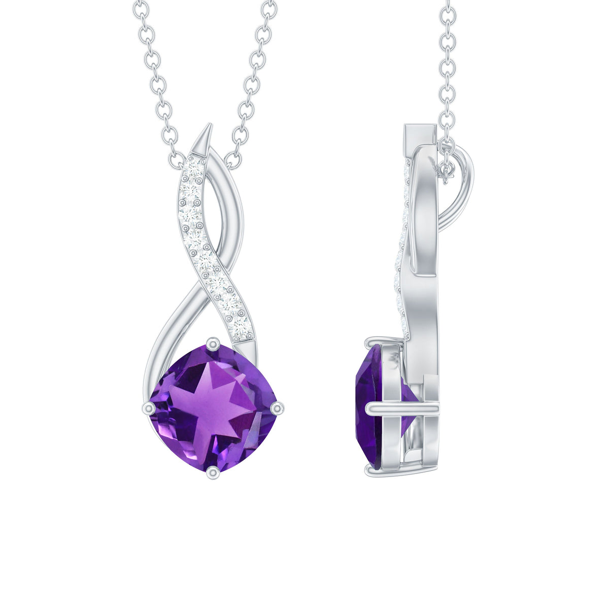 Natural 2 Carat cushion cut amethyst infinity pendant with diamonds, featuring a rose gold chain from Rosec Jewels.