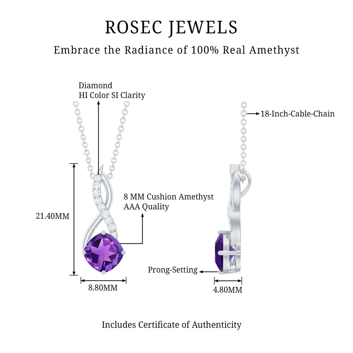 Natural 2 Carat cushion cut amethyst infinity pendant with diamonds, jewelry pendant by Rosec Jewels.