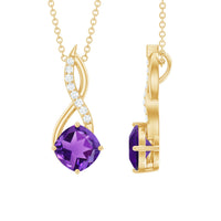 Natural 2 Carat cushion cut amethyst infinity pendant with diamond accents, featuring a rose gold chain from Rosec Jewels.